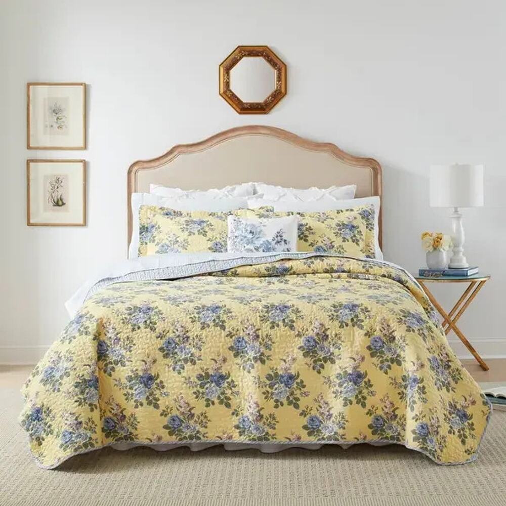 Laura Ashley Linley Full/Queen Quilt Bedding Set Yellow Blue Floral & Two Shams